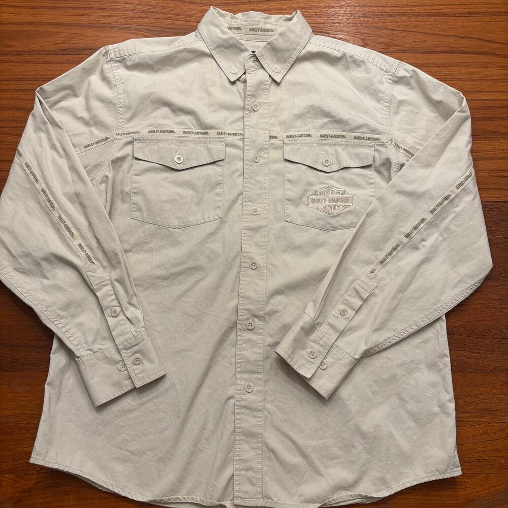 Harley Davidson Men's Beige Tan Long Sleeve Button Down Shirt size Large